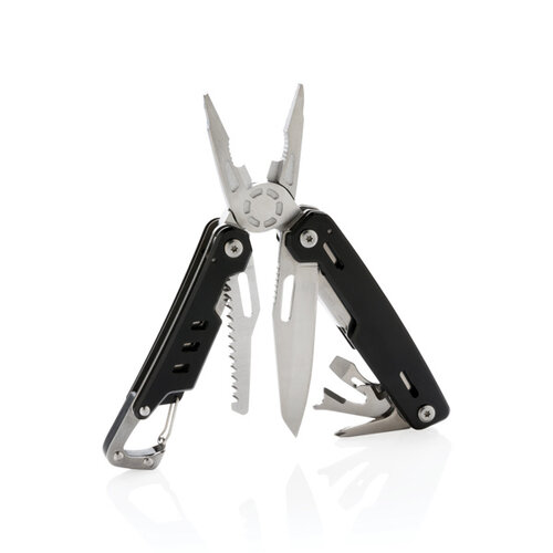 Solid multitool met karabijnhaak P221.331 en 11 functies bedrukt met logo
