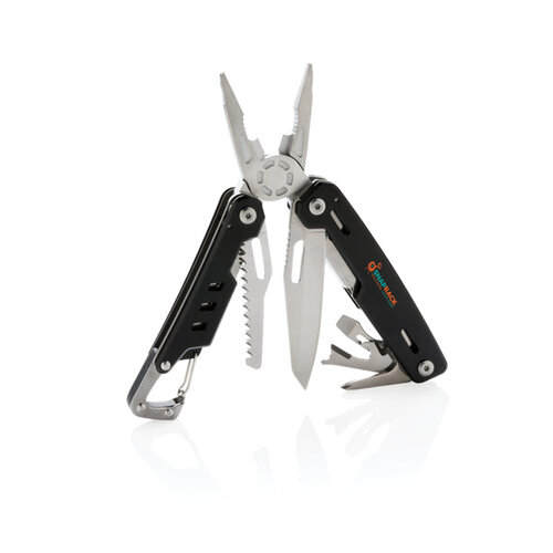 Solid multitool met karabijnhaak P221.331 en 11 functies bedrukt met logo