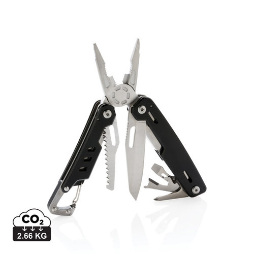Solid multitool met karabijnhaak P221.331 en 11 functies bedrukt met logo