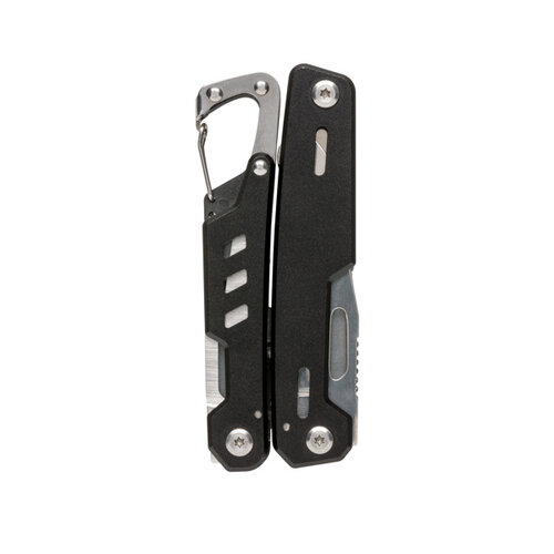 Solid multitool met karabijnhaak P221.331 en 11 functies bedrukt met logo