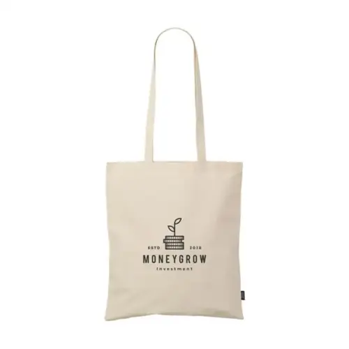 <p>Wil je een <strong>ShoppyBag katoenen tas bedrukken met logo</strong>? De 265048 is een stevige winkeltas van 100% vastgeweven gerecycled katoen van 180 g/m². Met lange hengsels en circa 8 liter inhoud is dit een praktische shopper voor winkels, beurzen, evenementen, open dagen en promotionele acties.</p> <p> </p> <h2>Steviger gerecycled katoen van 180 g/m²</h2> <p>Met een materiaalgewicht van 180 g/m² voelt deze ShoppyBag duidelijk steviger aan dan lichtere katoenen promotietassen. Het vastgeweven katoen geeft de tas een verzorgde en natuurlijke uitstraling, terwijl het model licht genoeg blijft voor dagelijks gebruik en grotere acties.</p> <p>Dat maakt deze uitvoering interessant wanneer je nét wat meer kwaliteit wilt dan bij een eenvoudige giveaway, zonder direct voor zwaar canvas te kiezen.</p> <p> </p> <h2>100% gerecycled katoen</h2> <p>De ShoppyBag is volledig gemaakt van gerecycled katoen en is GRS-gecertificeerd. Daarmee heeft de tas een helder materiaalverhaal dat goed