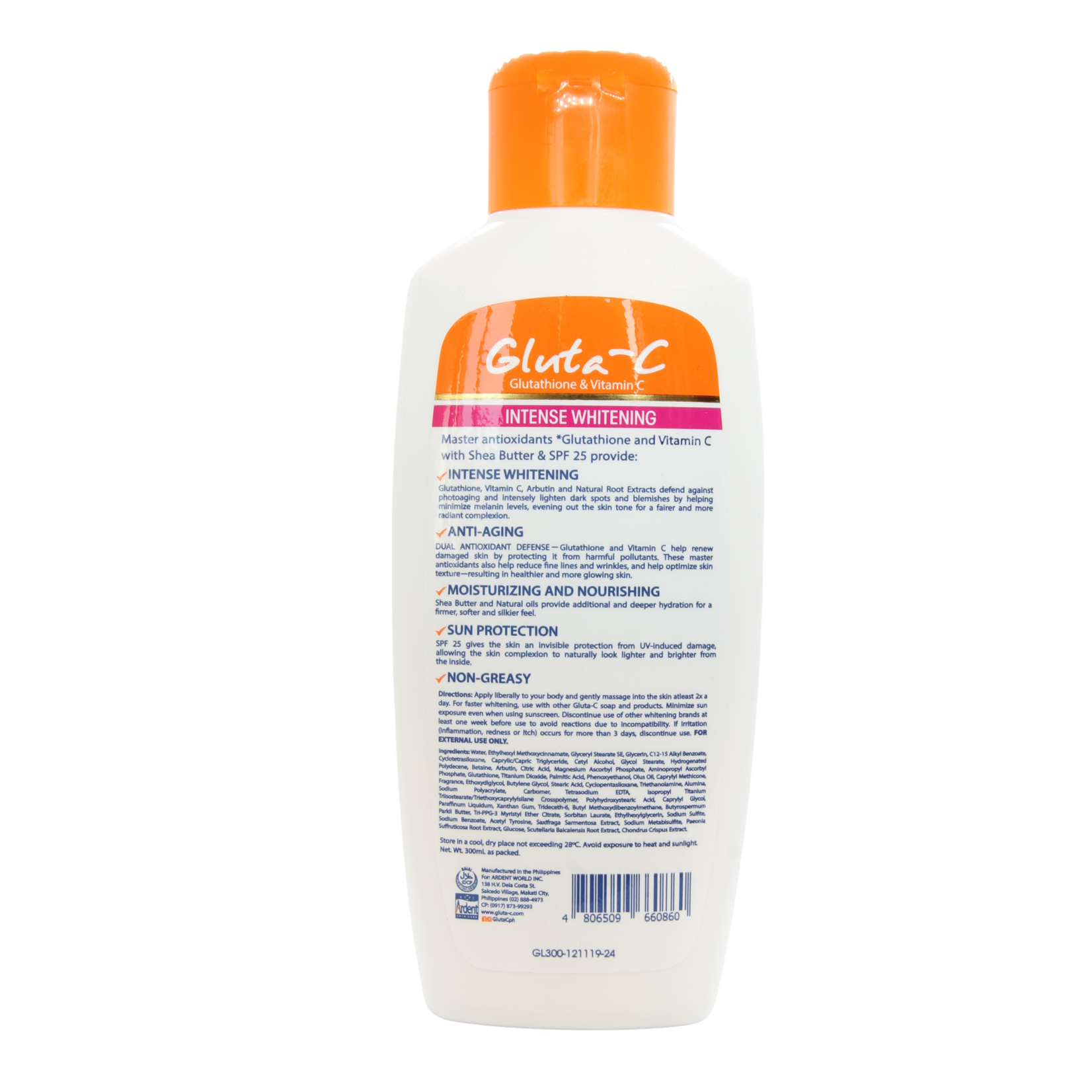 Gluta-C, voor een lichte, stralende en zachte huid! Gluta-C Lotion éclaircissante intense pour le corps SPF25 300 gr