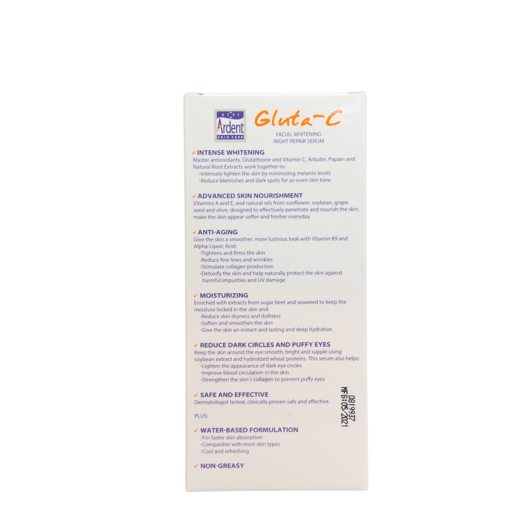 Gluta-C, voor een lichte, stralende en zachte huid! Gluta-C Skin Lightening Facial Serum Night Repair 30ml