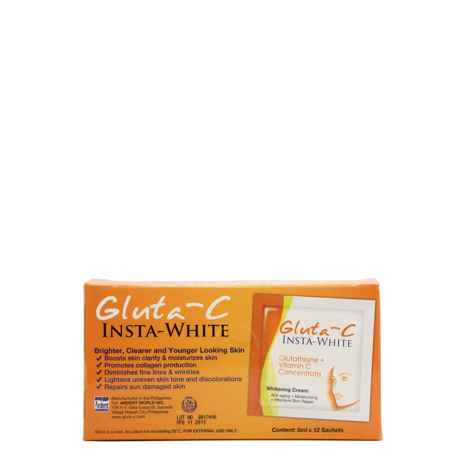 Gluta-C, voor een lichte, stralende en zachte huid! Gluta-C Insta-White gezichtscrème 12 x  5 ml