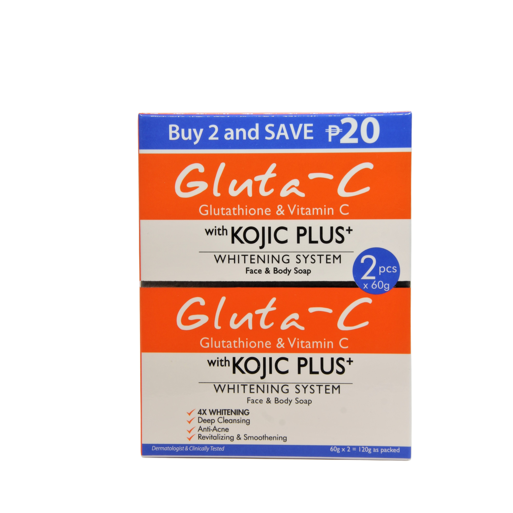 Gluta-C, voor een lichte, stralende en zachte huid! Savon éclaircissant et éclaircissant Gluta-C Kojic Plus – 2 x 60 g – Savon éclaircissant pour la peau – Pour le visage et le corps – Peau uniforme – Élimine les taches pigmentaires