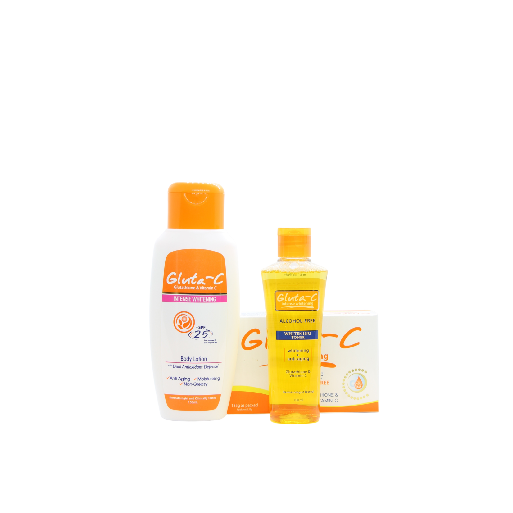 Gluta-C, voor een lichte, stralende en zachte huid! Lotion corporelle éclaircissante intense Gluta C, 150 ml + Tonique éclaircissant intense, 100 ml + 1 savon éclaircissant pour la peau 135 grammes