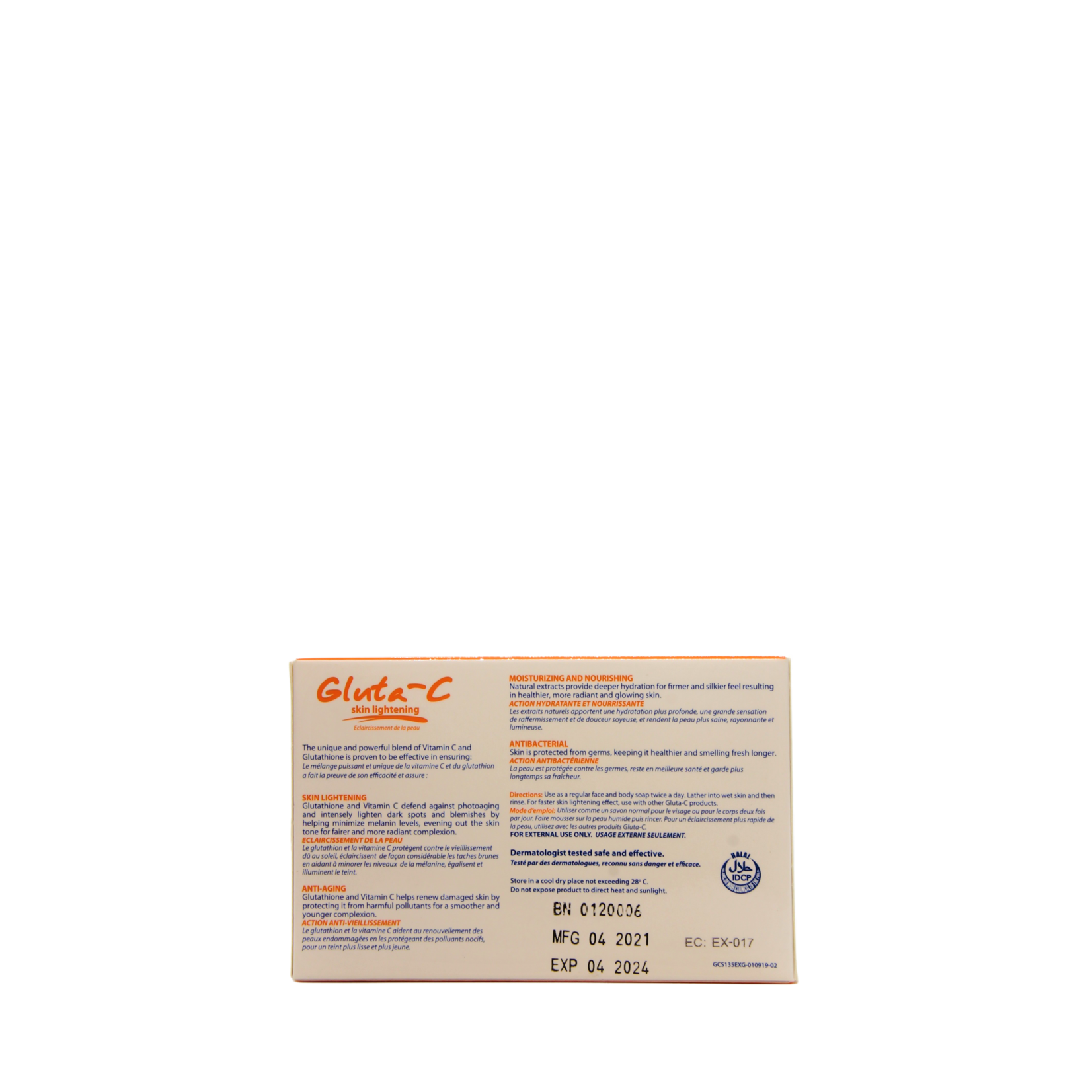 Gluta-C, voor een lichte, stralende en zachte huid! Savon éclaircissant visage et corps Gluta-C – 135 g – Anti-taches pigmentaires – Élimine les taches brunes – Unifie la peau – Savon blanchissant visage et corps – Anti-acné – Hydratant et rafraîchissant