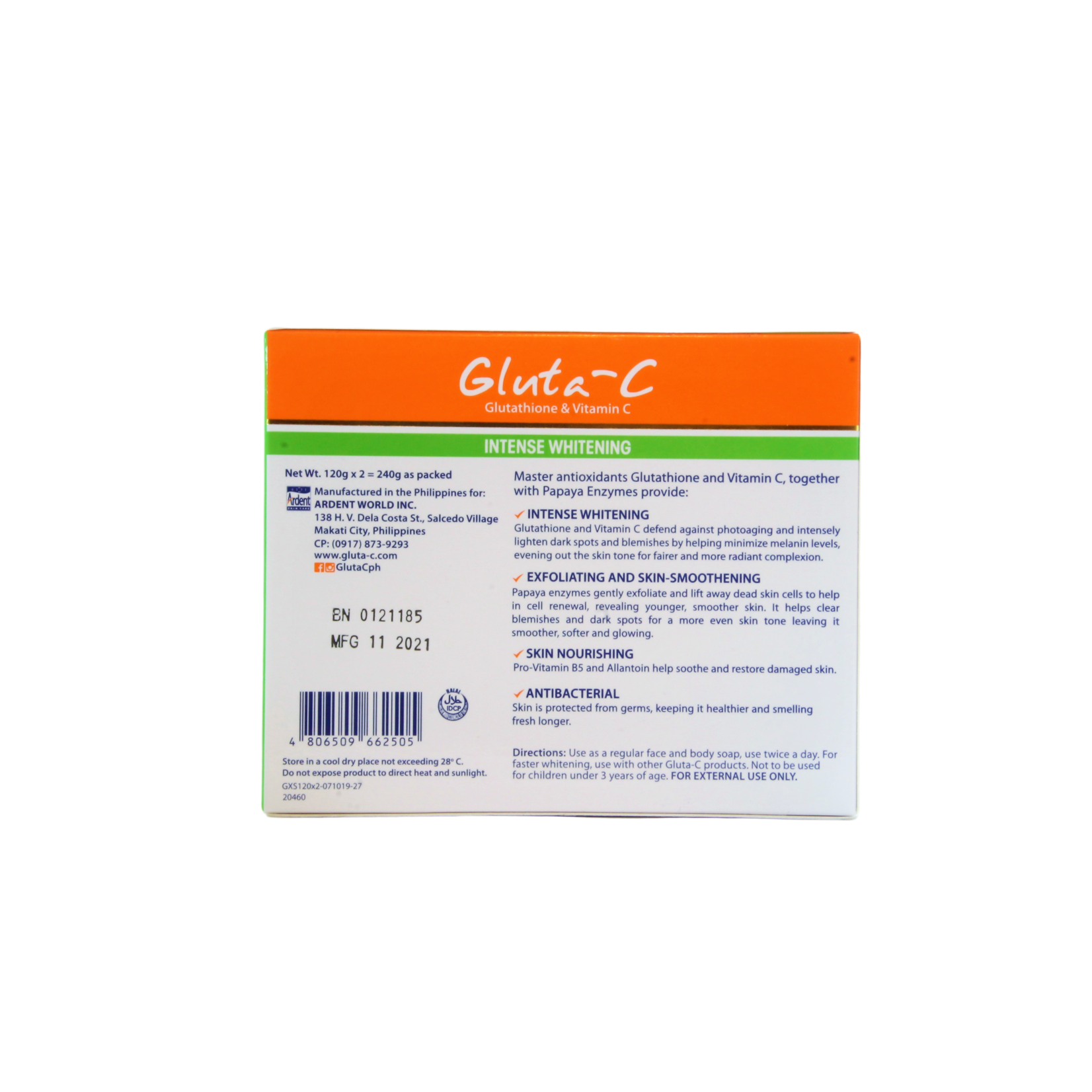 Gluta-C, voor een lichte, stralende en zachte huid! Gluta-C skin intense whitening papaya soap, 2 x 120 grams