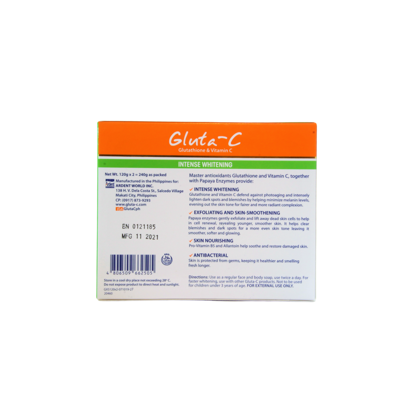 Gluta-C, voor een lichte, stralende en zachte huid! Savon de papaye blanchissant intense pour la peau Gluta-C, 2 x 120 grammes