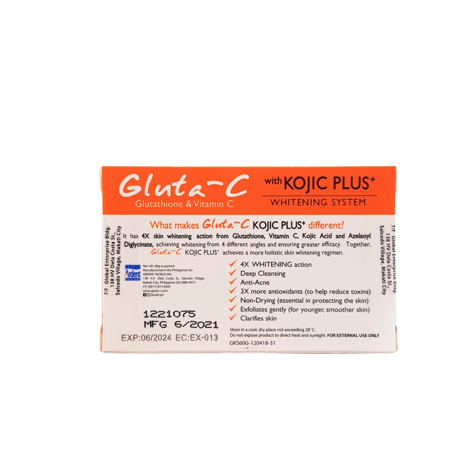 Gluta-C, voor een lichte, stralende en zachte huid! Savon Gluta-C Face&Body avec Kojic Plus Whitening System, 60 grammes