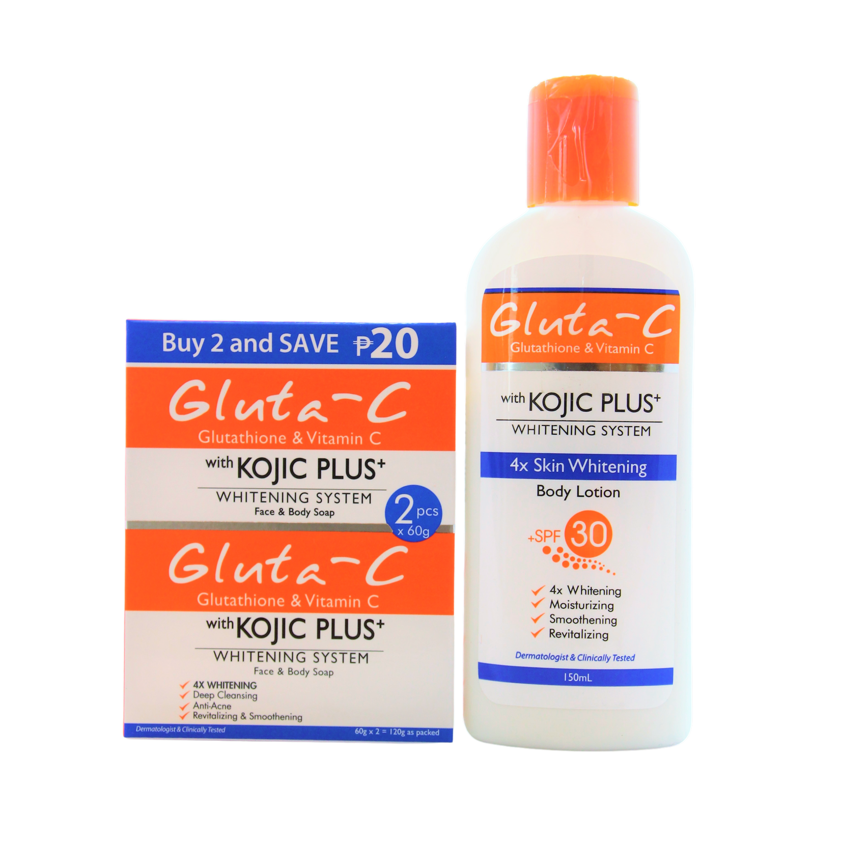 Gluta-C, voor een lichte, stralende en zachte huid! Lotion éclaircissante corps Gluta-C 4x SPF30 150 ml + Savon blanchissant Gluta-C 2 x 60 g – Anti-taches pigmentaires – Anti-taches brunes – Unifie le teint – Coffret éclaircissant – Hydratant et nourrissant – Soins visage et corps