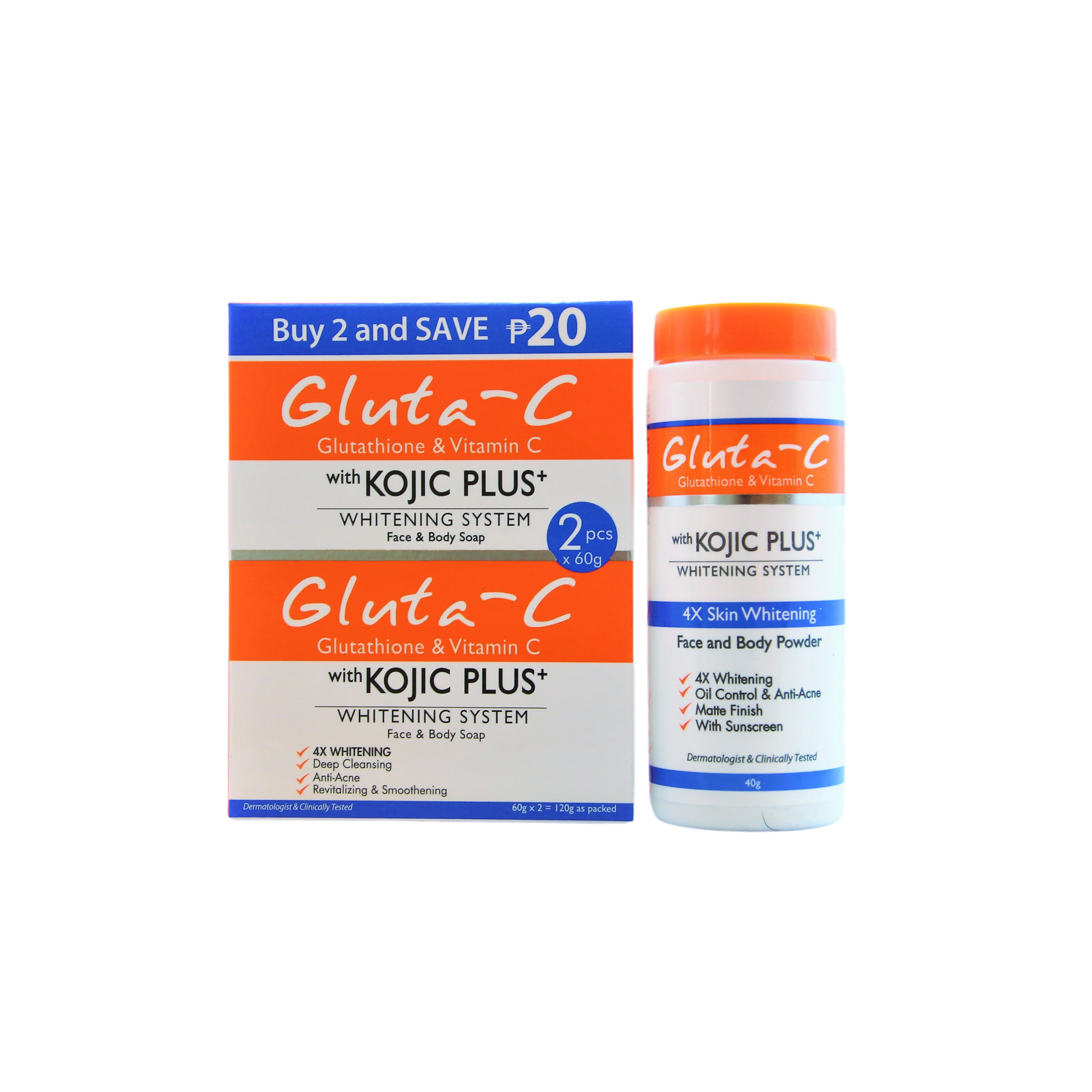 Gluta-C, voor een lichte, stralende en zachte huid! Poudre éclaircissante Gluta-C 4x 40 g + 2 x 60 g de savon Kojic Plus – Anti-taches pigmentaires – Élimine les taches brunes – Unifie la peau – Soin blanchissant visage et corps – Anti-acné – Hydratant et rafraîchissant
