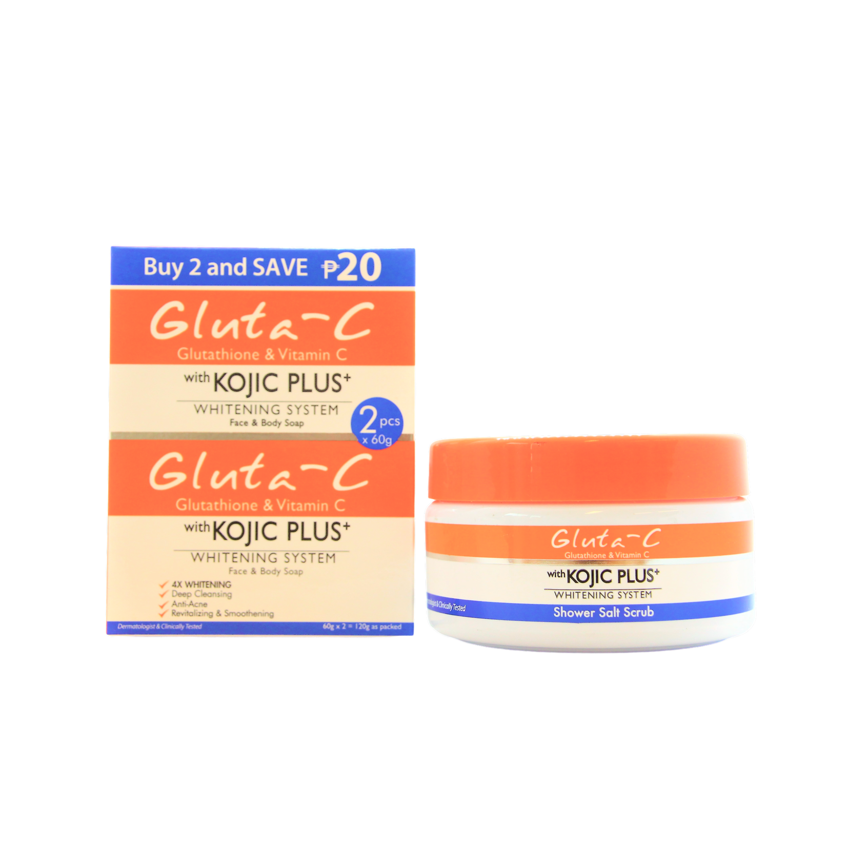 Gluta-C, voor een lichte, stralende en zachte huid! Gluta-C 4x Gommage au sel de bain éclaircissant pour la peau 250gr + Gluta-C Savon Blanchissant Peau & Corps, 2 x 60 grammes