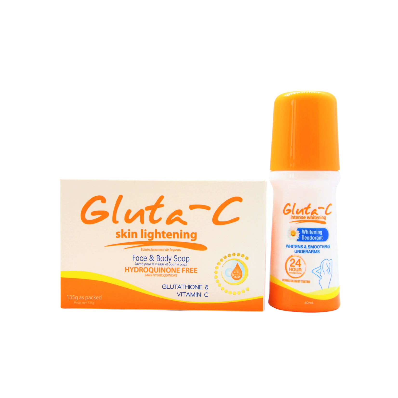 Gluta-C, voor een lichte, stralende en zachte huid! Gluta-C skin lightening deodorant roller 40ml +Gluta-C Skin Whitening zeep