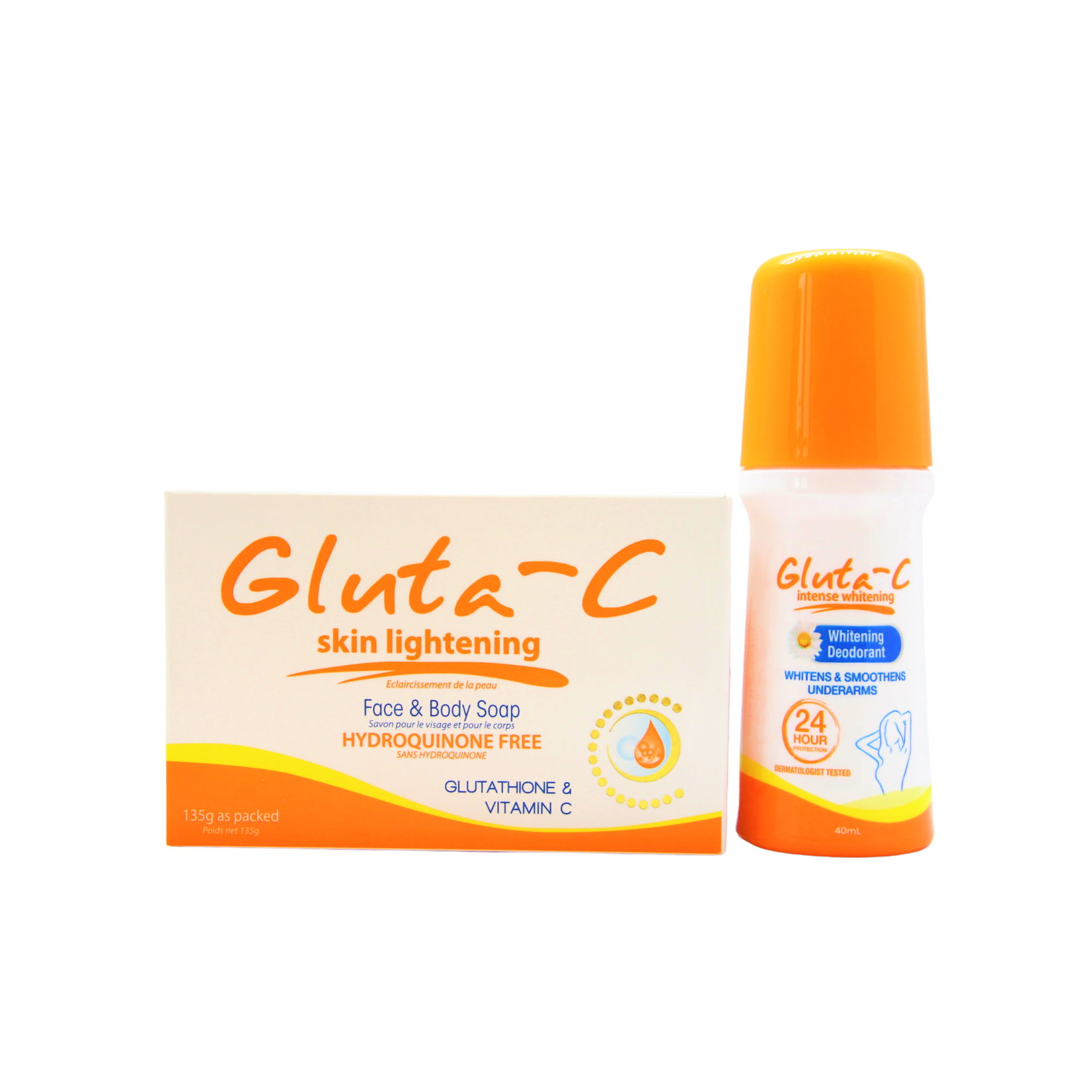 Gluta-C, voor een lichte, stralende en zachte huid! Gluta-C skin lightening deodorant roller 40ml + Gluta-C skin whitening soap