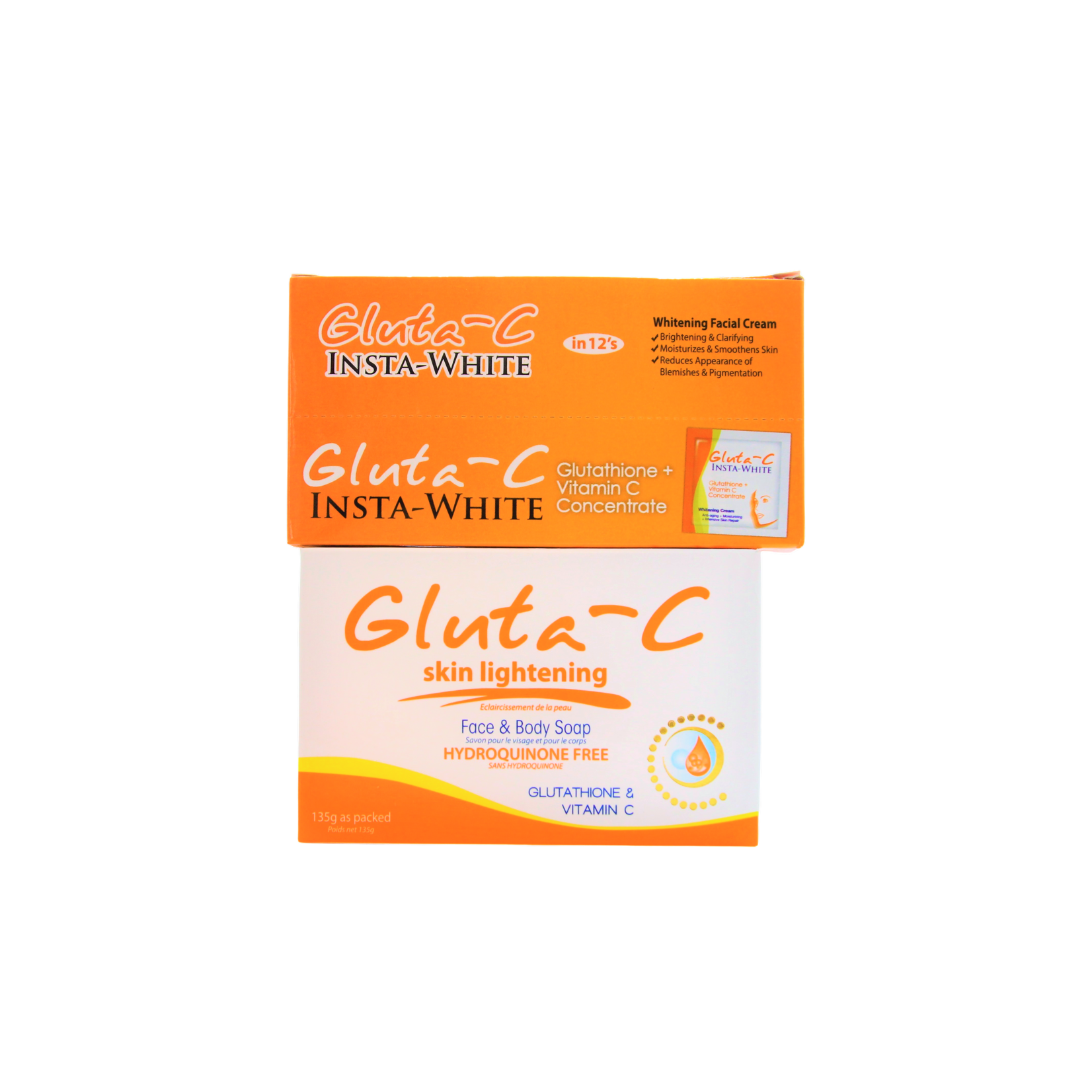 Gluta-C, voor een lichte, stralende en zachte huid! Crème visage Gluta C Insta-White 12 x 5 ml + savon