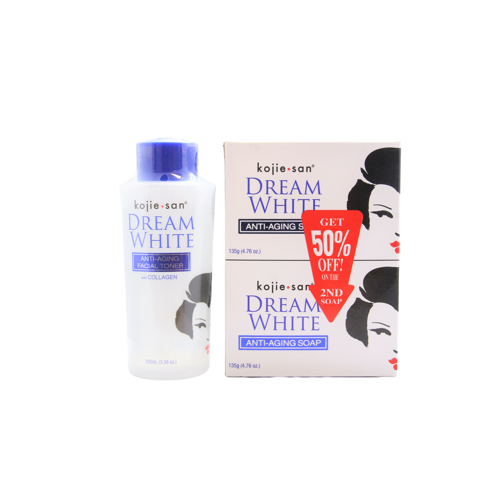 Kojie San, nummer één in anti-pigment producten! Kojie San Dream White anti-aging facial toner 100ml + 2 x 135 grams Kojie San Dream White soap