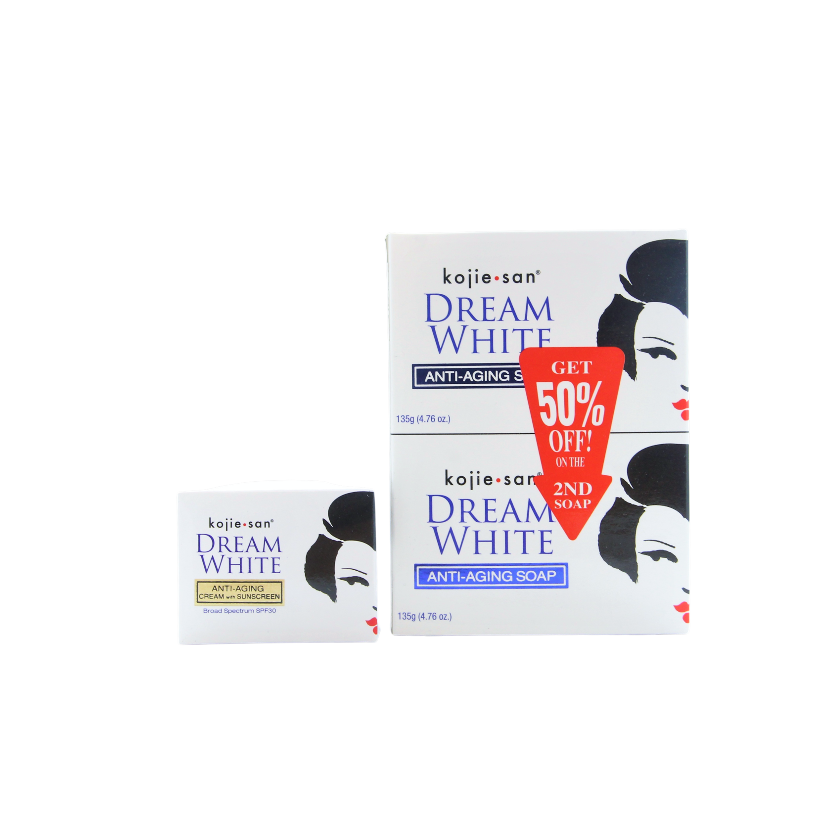 Kojie San, nummer één in anti-pigment producten! am White anti-aging dagcrème SPF 30, 30gr + Kojie San Dream White anti-aging zeep, 2 x 135 gram zeep