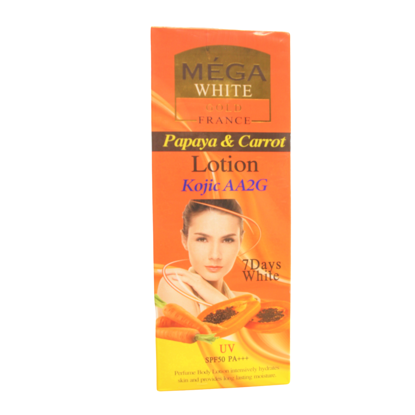 **Mega White Gold France Papaya Carrot Lotion met Kojic AA2G – 500ml – Skin Lightening Bodylotion – Tegen Pigmentvlekken – Donkere Vlekken Verwijderaar – Egale Huid – Whitening & Anti-Aging – Hydraterend & Voedend**