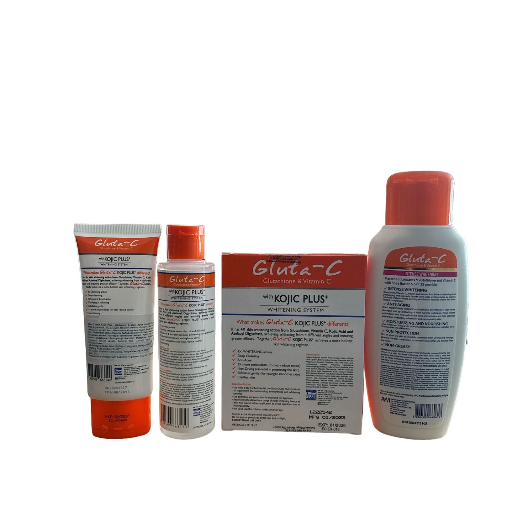Gluta-C, voor een lichte, stralende en zachte huid! Coffret cadeau Gluta-C 4 pièces – Coffret éclaircissant ultime – Anti-pigmentation – Élimine les taches brunes – Unifie le teint – Soin blanchissant visage et corps – Hydratant et nourrissant