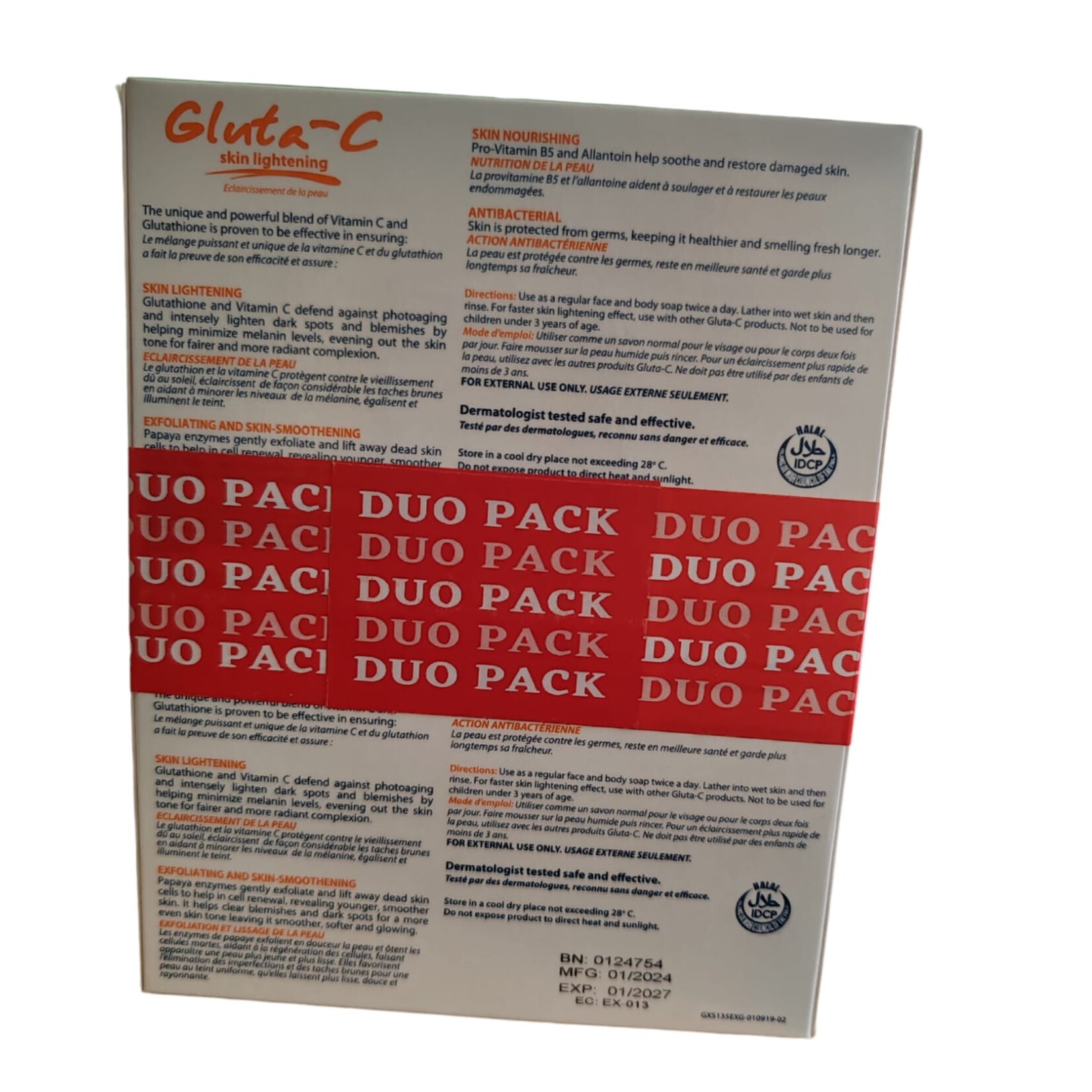 Gluta-C, voor een lichte, stralende en zachte huid! Savon à la papaye éclaircissant pour la peau au glutamate C, pack duo de 270 grammes