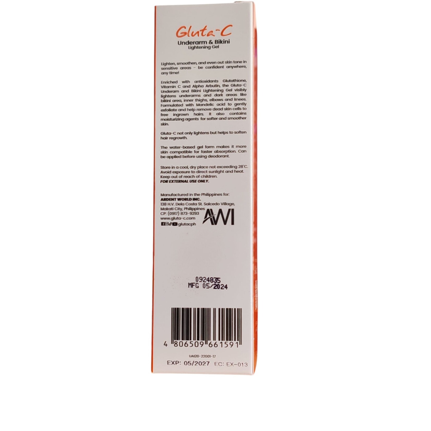 Gluta-C, voor een lichte, stralende en zachte huid! Gluta C skin lightening underarm en bikini gel 20ml