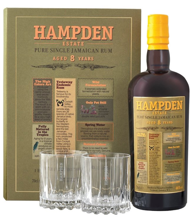 HAMPDEN Jamaican Rum 8YO coffret+2glazen (46%)