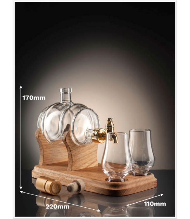 Whisky / Rum Barrel Glass navulbare Decanter & 2 glazen (350ml)