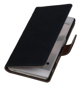 Vasket Læder Book Style Taske til Sony Xperia T3 Mørkeblå