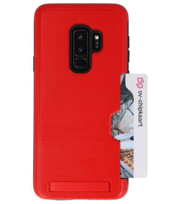 Estuche resistente con soporte para tarjetas de armadura para Galaxy S9 Plus rojo
