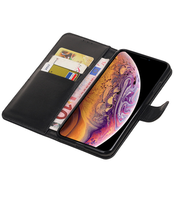 Echt Lederen Hoesje Wallet Case voor iPhone XS Max Zwart