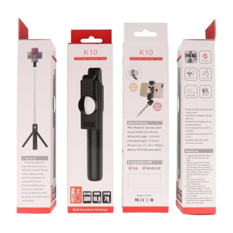 Bluetooth Selfie Tripod Stick ( K10 ) Wit