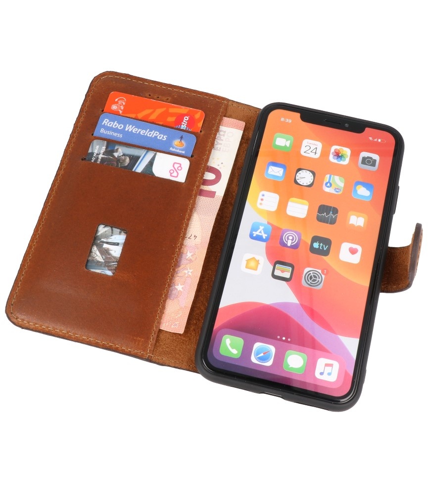 Étui de bibliothèque en cuir MF fait main iPhone Xs Max marron