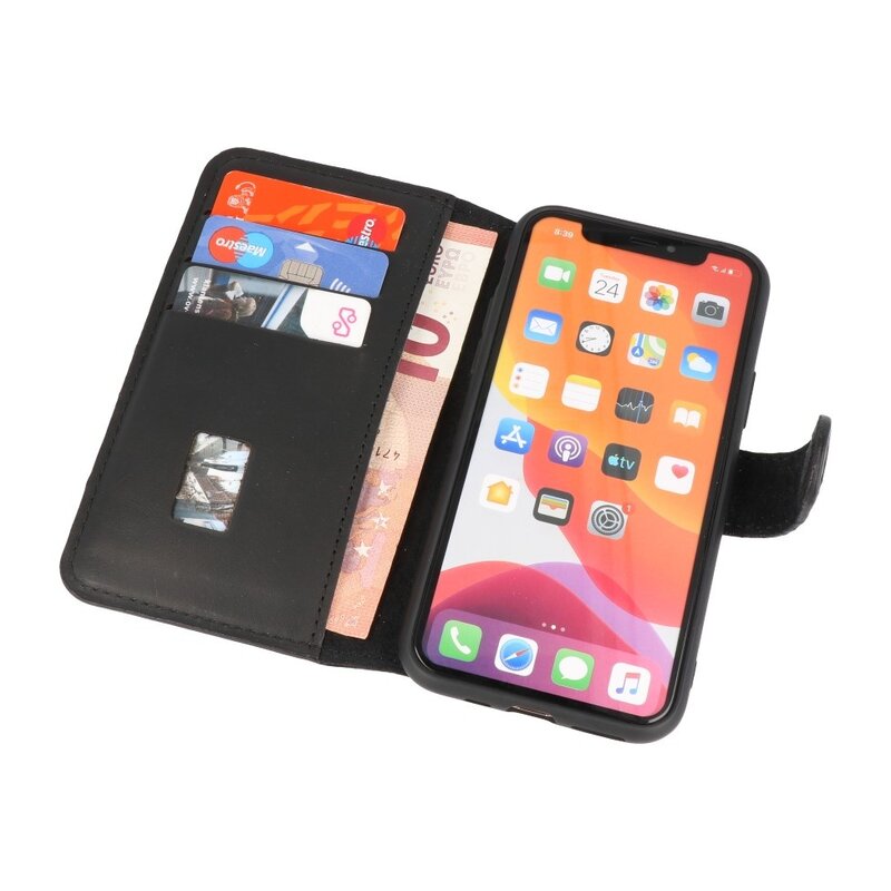 Custodia a libro in pelle MF fatta a mano per iPhone 11 Pro Max nera