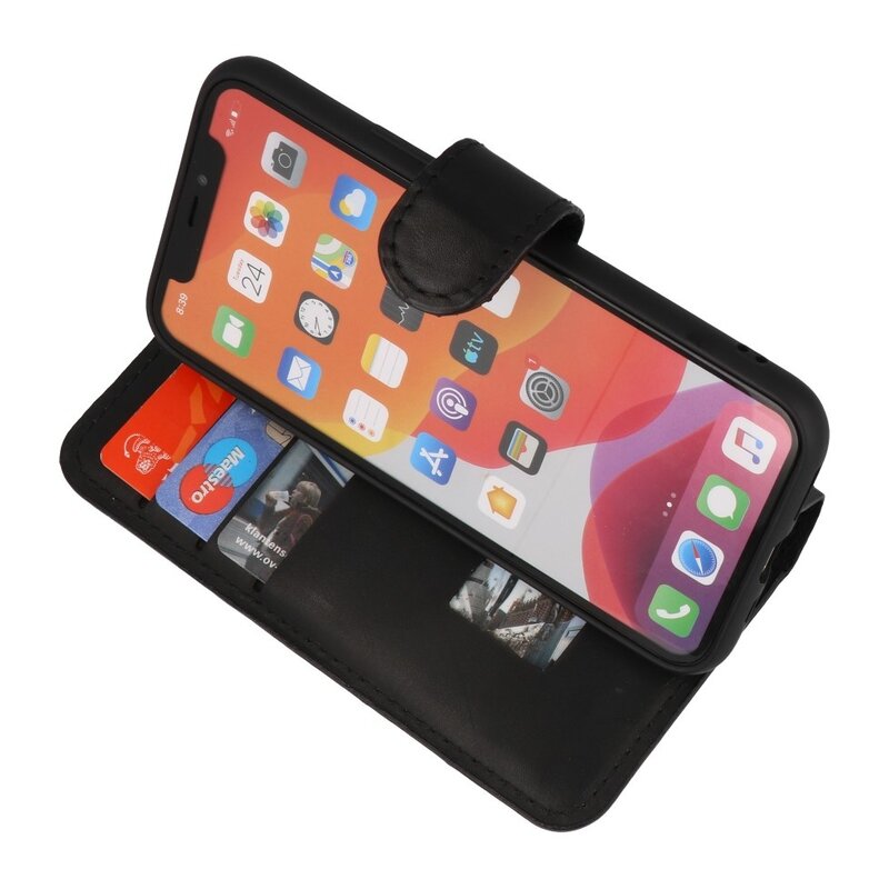 Custodia a libro in pelle MF fatta a mano per iPhone 11 Pro Max nera