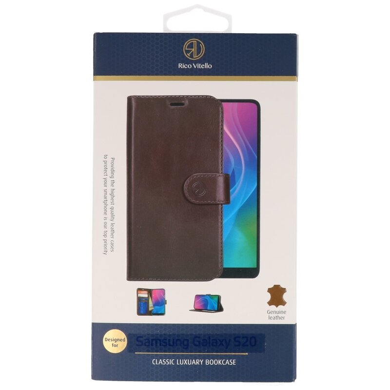 Rico Vitello Funda tipo libro de cuero genuino para Samsung Galaxy 20 Mocca