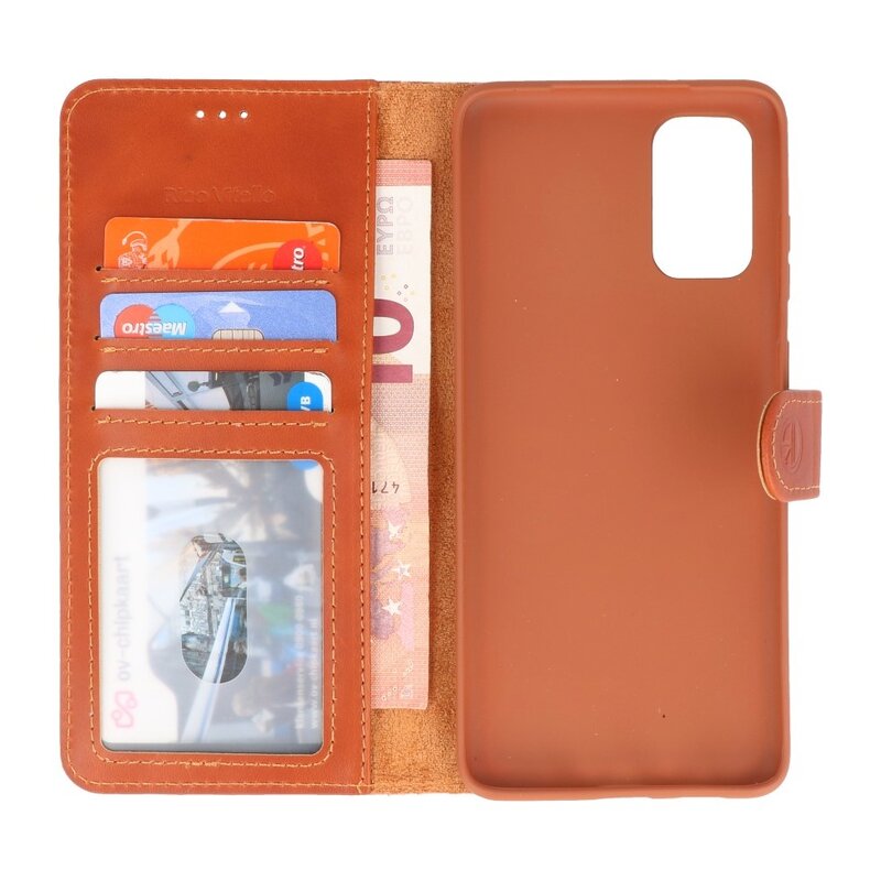 Rico Vitello Funda tipo libro de cuero genuino para Samsung Galaxy 20 Plus Marrón