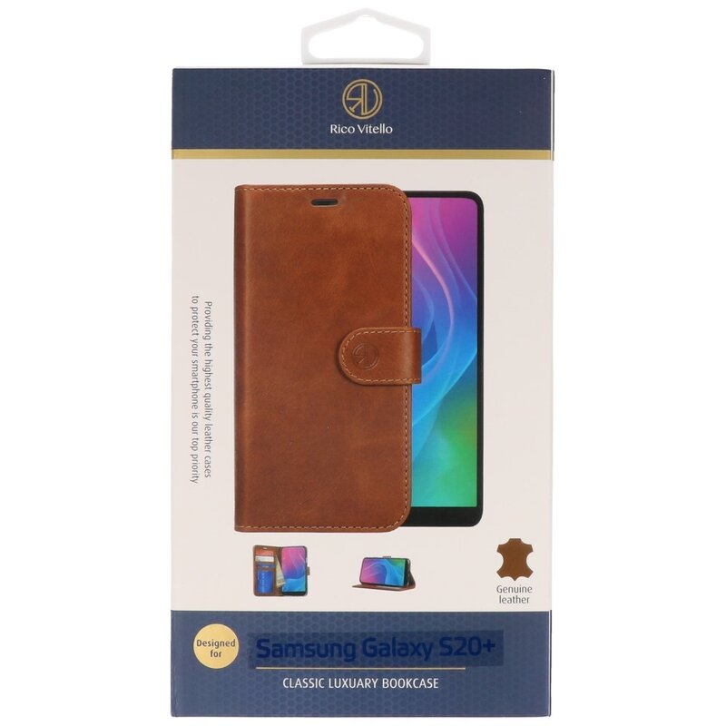 Rico Vitello Funda tipo libro de cuero genuino para Samsung Galaxy 20 Plus Marrón
