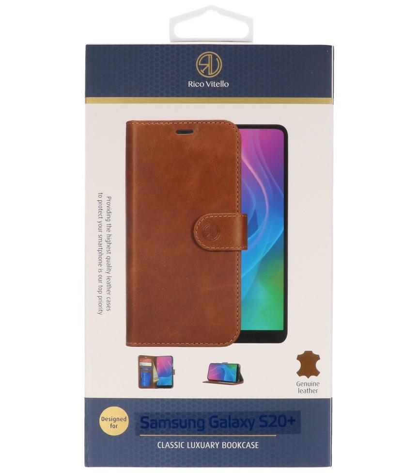 Rico Vitello Funda tipo libro de cuero genuino para Samsung Galaxy 20 Plus Marrón