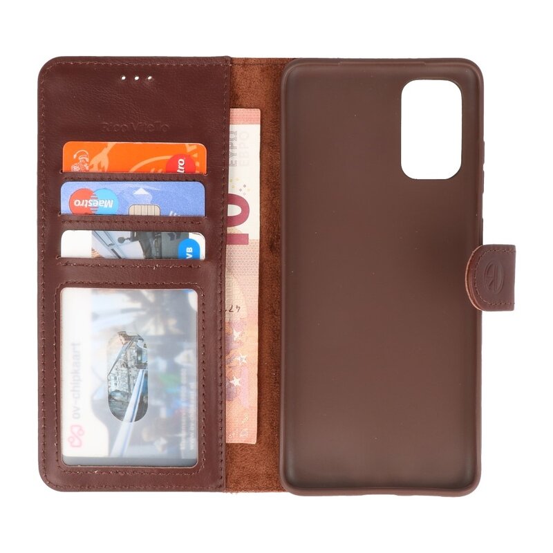 Rico Vitello Funda tipo libro de cuero genuino para Samsung Galaxy 20 Plus Mocca