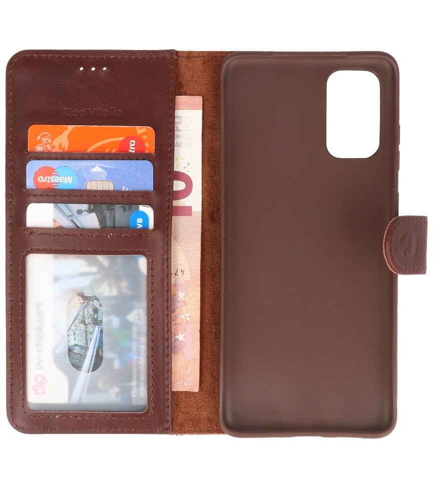 Rico Vitello Funda tipo libro de cuero genuino para Samsung Galaxy 20 Plus Mocca