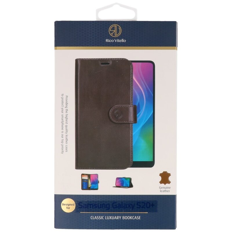 Rico Vitello Funda tipo libro de cuero genuino para Samsung Galaxy 20 Plus Mocca