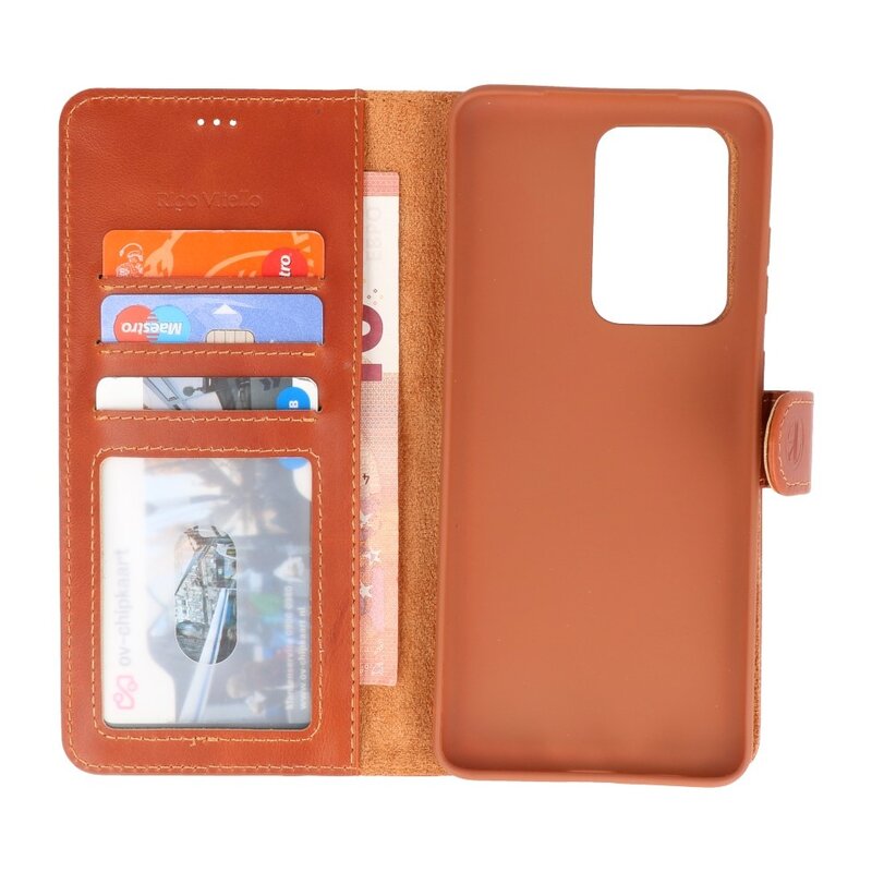 Rico Vitello Funda tipo libro de cuero genuino para Samsung Galaxy 20 Ultra Marrón