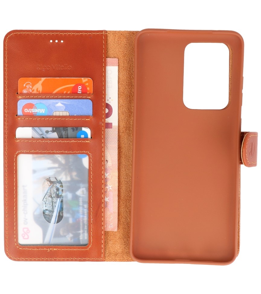 Rico Vitello Funda tipo libro de cuero genuino para Samsung Galaxy 20 Ultra Marrón