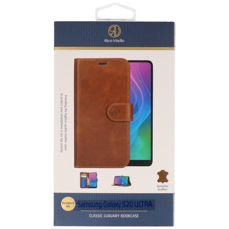 Rico Vitello Funda tipo libro de cuero genuino para Samsung Galaxy 20 Ultra Marrón