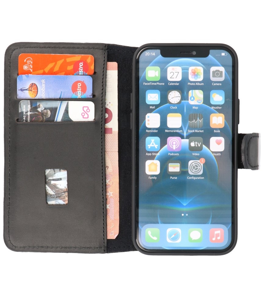 Funda Bookstyle de cuero hecha a mano MF para iPhone 12 - 12 Pro Negro