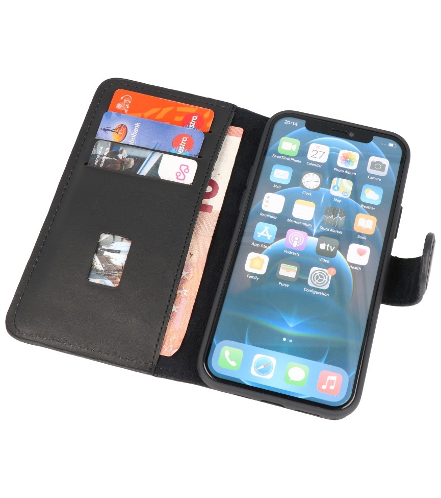 Funda Bookstyle de cuero hecha a mano MF para iPhone 12 - 12 Pro Negro