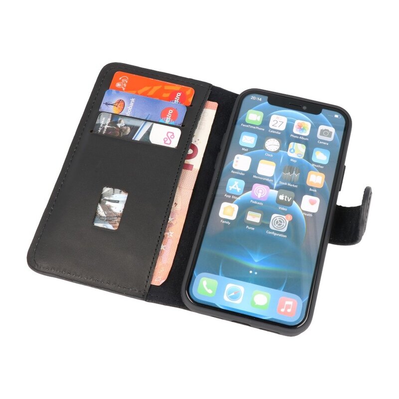 Custodia a libro in pelle fatta a mano MF per iPhone 12 Pro Max nera