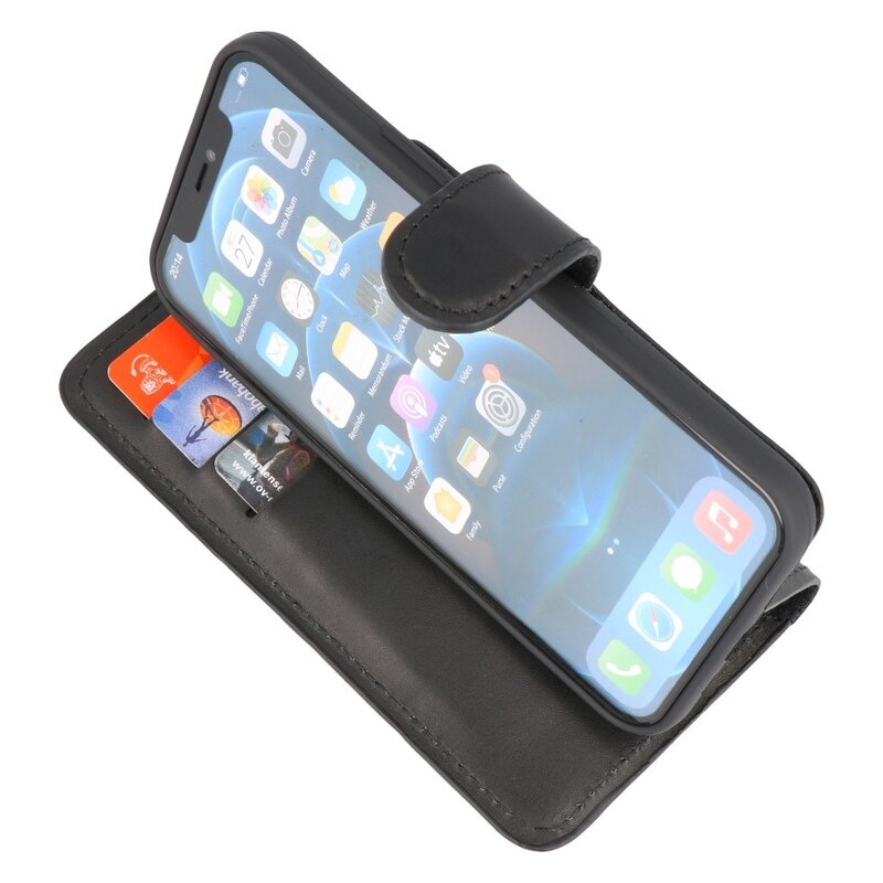 Custodia a libro in pelle fatta a mano MF per iPhone 12 Pro Max nera