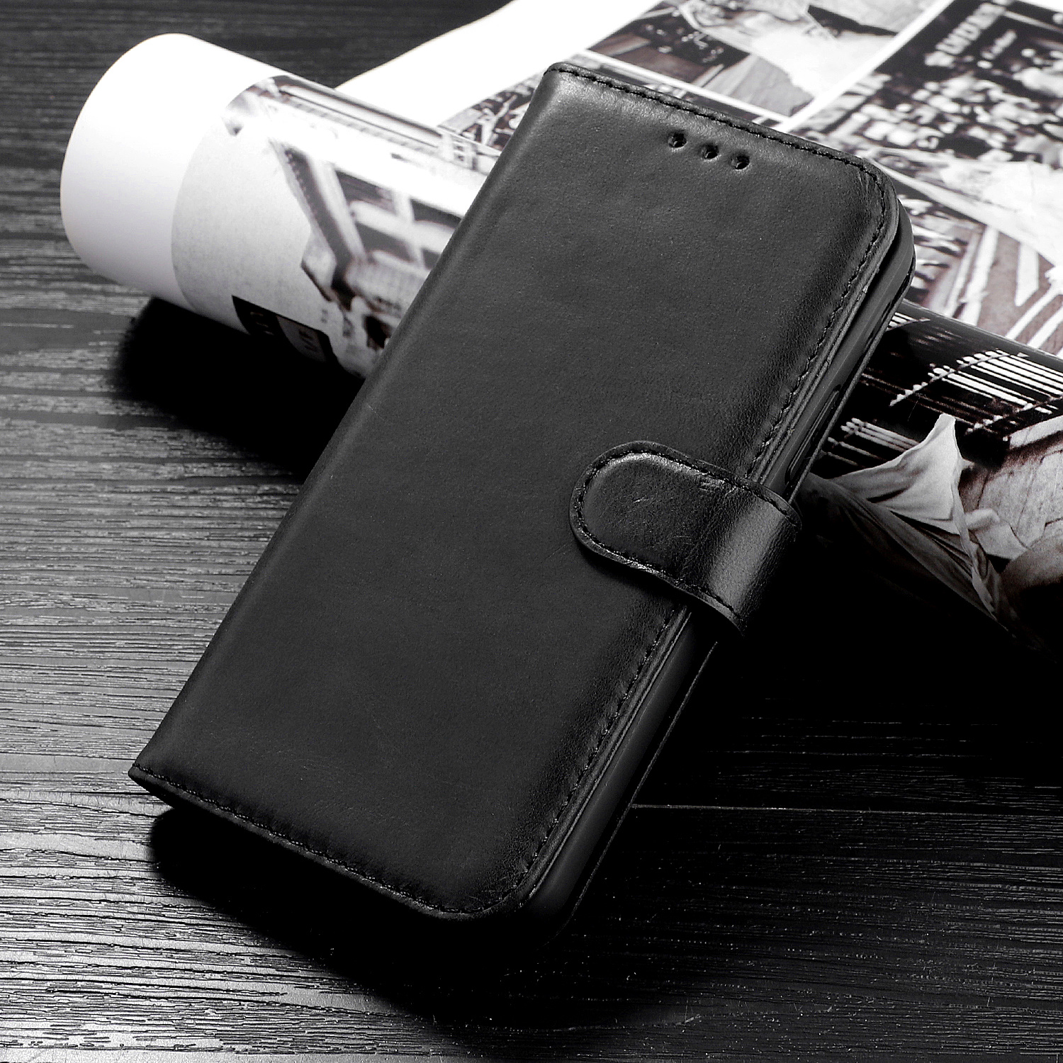 Klassisk design ægte læder taske til iPhone 12 Pro Max sort